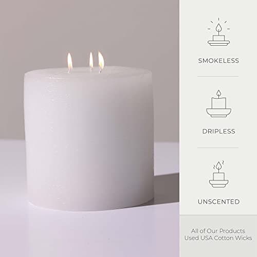 Bask Large Unscented 6-Inch 3-Wick Pillar Candles for Home and Events - White