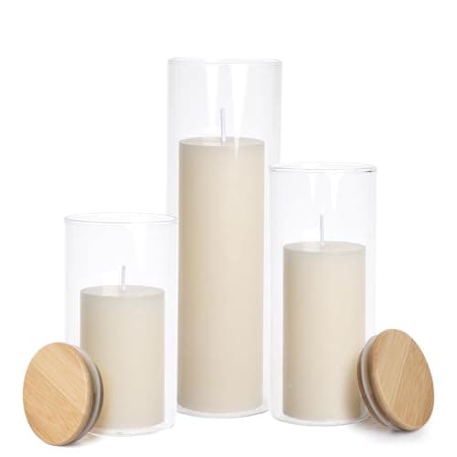 Elegant 3-Tier Ivory Pillar Candles with Bamboo Covers for Table Centerpieces