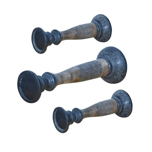 Handmade Mango Wood Eco-Friendly Traditional Black Wash Candle Holders (12", 15", 12")