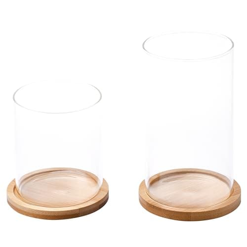 Tall Glass Hurricane Candles Holders with Wood Base - Wedding Centrepieces - Set of 2 (White)