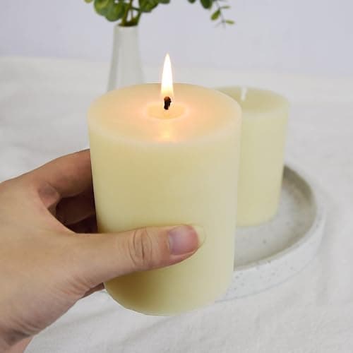 White Ivory Beeswax Pillar Candles, 6" Set of 2, Unscented, Smokeless, Dripless