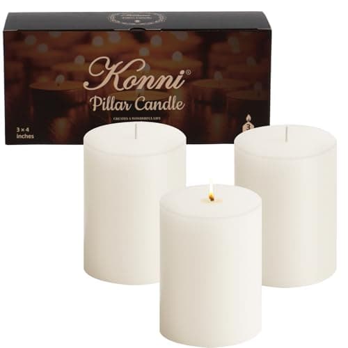 KONNI White Pillar Candles Set of 3, 3.5"x4", Long Burning Bulk