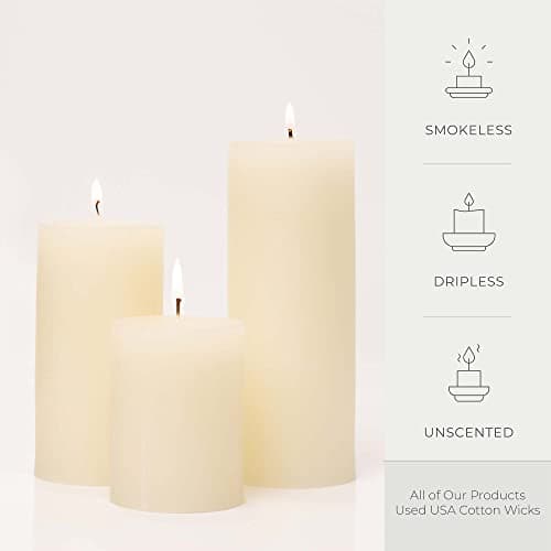 BASK Unscented Ivory Pillar Candles Set of 3 - Dripless and Smokeless for Any Occasion