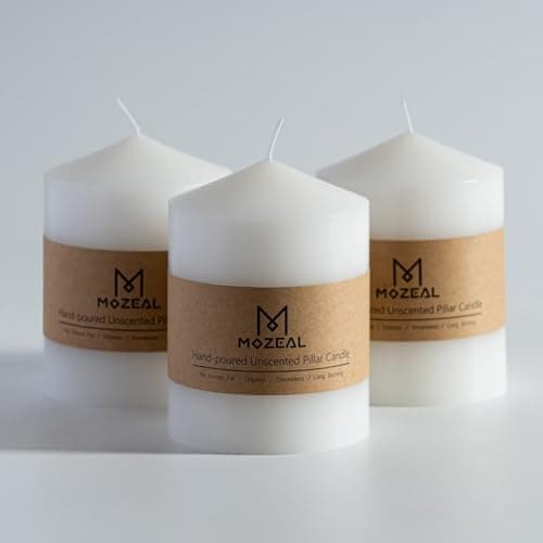 MOZEAL 3" Unscented White Pillar Candles, Set of 3, Smokeless, 60hr Burn Time