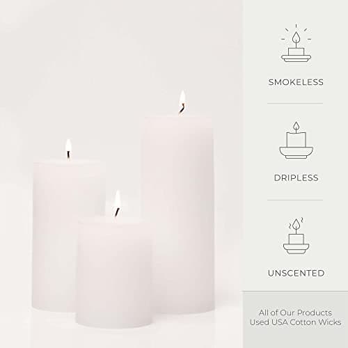 Unscented White Pillar Candles Set of 3 - Dripless, Smokeless by Bask