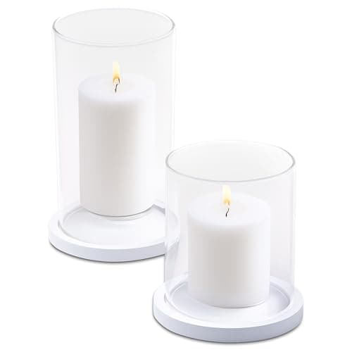 Tall Glass Hurricane Candles Holders with Wood Base - Wedding Centrepieces - Set of 2 (White)