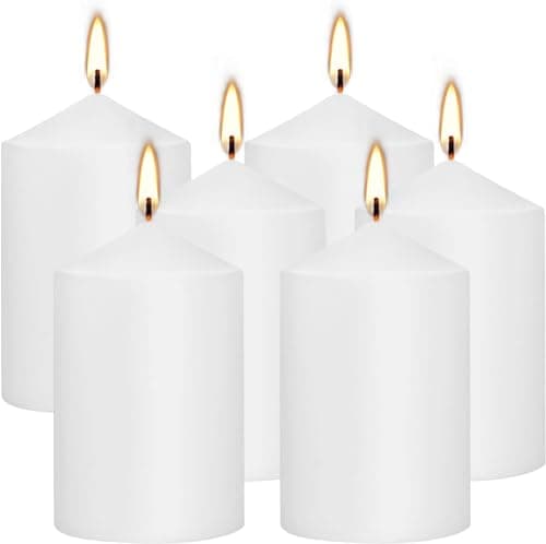 3x6 White Pillar Candles, Set of 6, Unscented for Weddings, Emergencies, Spas, Aromatherapy, and Parties