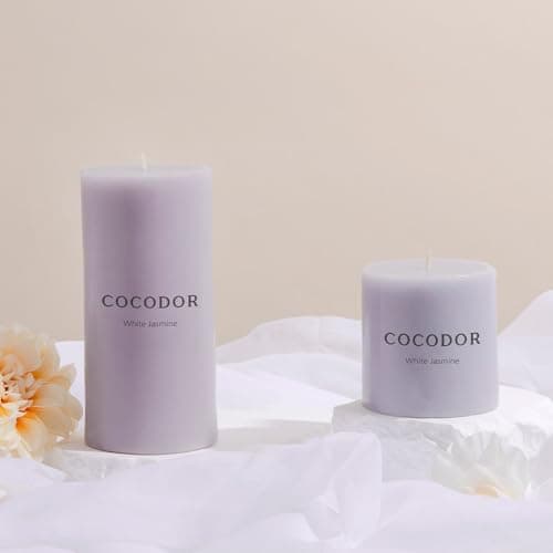 COCODOR White Jasmine Scented Pillar Candles, Set of 3, 85 Hours Burn Time