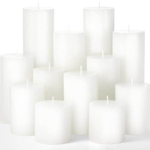 Shihanee Set of 12 Pillar Candles 3 Dripless Unscented Candles for Wedding Party Dinner Home (Ivory White)