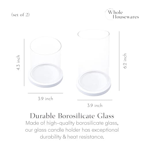 Tall Glass Hurricane Candles Holders with Wood Base - Wedding Centrepieces - Set of 2 (White)