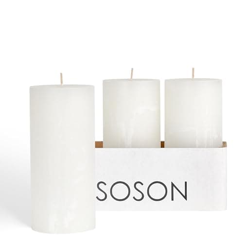 Simply Soson Unscented White Pillar Candles, Set of 3, Rustic Texture, Dripless, Ideal for Weddings, Parties, Home Decor