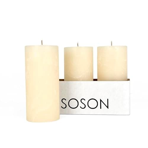 Simply Soson Unscented White Pillar Candles, Set of 3, Rustic Texture, Dripless, Ideal for Weddings, Parties, Home Decor