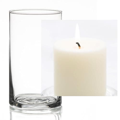 12 Eastland Glass Cylinder Vases, 6" & 12 Richland Pillar Candles, 3" White