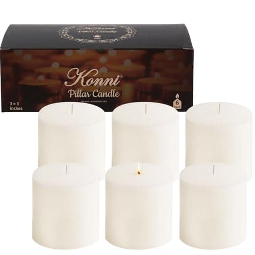 KONNI White Pillar Candles Set of 6, 3"x3" Long BurningBulk