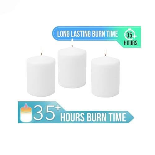 3-Pack Tall White Wax Pillar Candles for 35 Hours - 3 x 4 Inch