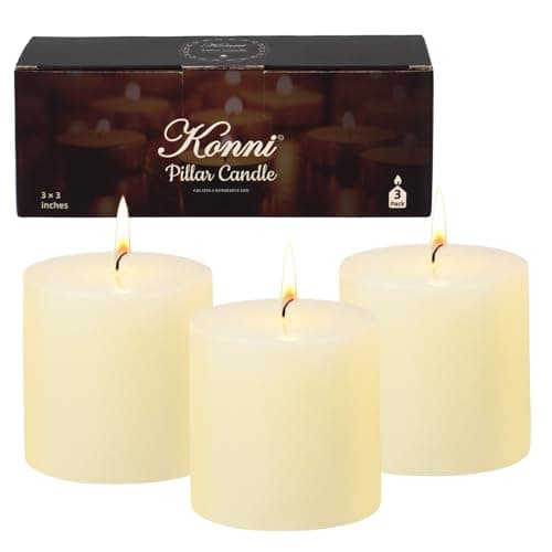 KONNI Ivory Pillar Candles Set of 3, 30-Hour Long-Burning Smokeless&Dripless