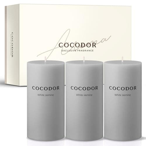 COCODOR White Jasmine Scented Pillar Candles, Set of 3, 85 Hours Burn Time
