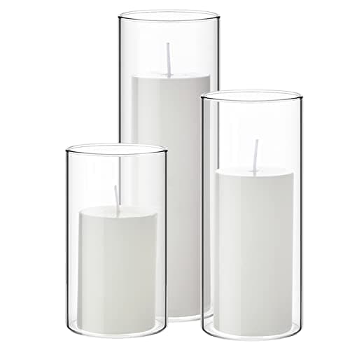 Shihanee Set of 3 White Pillar Candles with Glass Holders for Weddings and Holidays