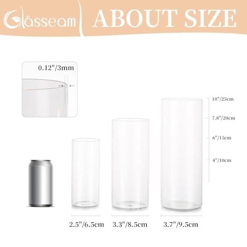 Glasseam Clear Glass Cylinder Vases for Home Decor, 6"+7.8"+10" Centerpieces