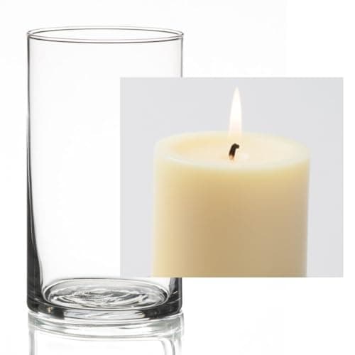 12 Eastland Glass Cylinder Vases, 6" & 12 Richland Pillar Candles, 3" White