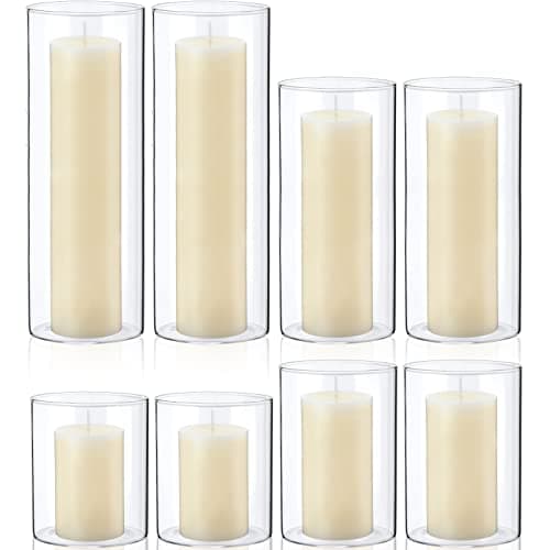 Treela Set of 8 Slim Pillar Candles and Glass Cylinder Vases for Centerpieces, Wedding, Home, Table, Party