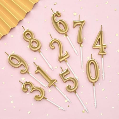 PHD Champagne Gold Number Birthday Candles 0-9 Glitter Cake Topper