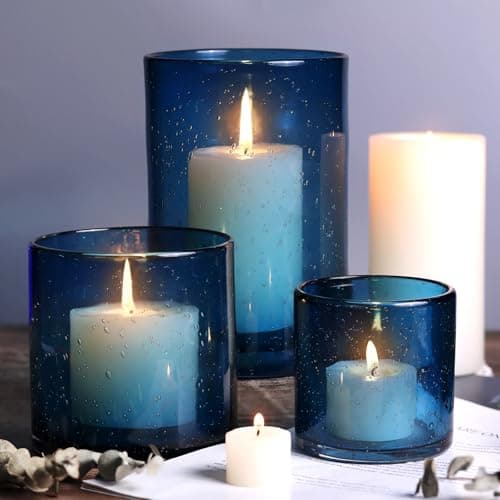 Hurricane Candle Holder Set of 3 Clear Seeded Bubbles Glass for Table Centerpiece