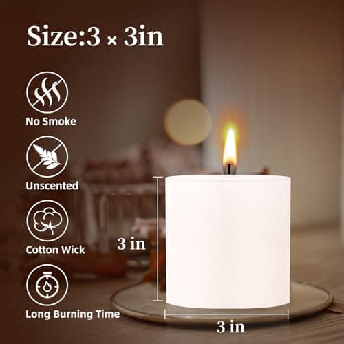 KONNI White Pillar Candles Set of 6, 3"x3" Long BurningBulk