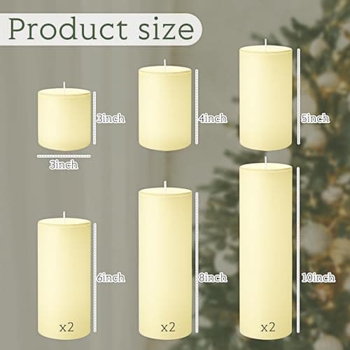 Shihanee Set of 12 Pillar Candles 3 Dripless Unscented Candles for Wedding Party Dinner Home (Ivory White)