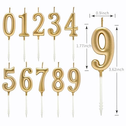 PHD Champagne Gold Number Birthday Candles 0-9 Glitter Cake Topper