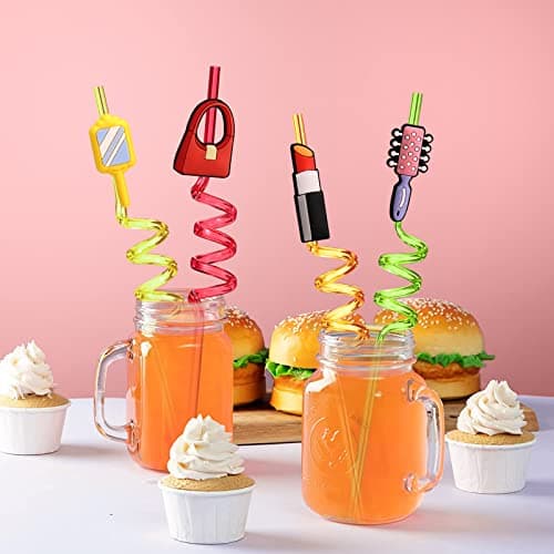 Reusable Pink Plastic Straws for Kids Spa Birthday Party Favors with Cleaning Brushes