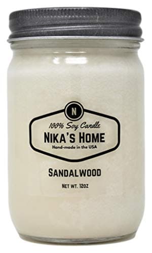 Nika's Handmade Sandalwood Soy Candle, 12oz Mason Jar, Long Burning 50+ Hours