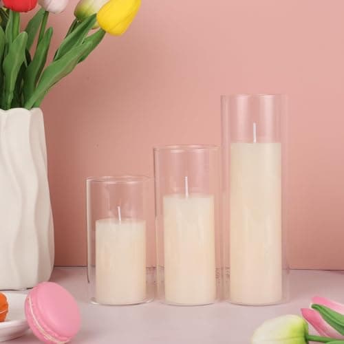 Elegant 3-Tier Ivory Pillar Candles with Bamboo Covers for Table Centerpieces
