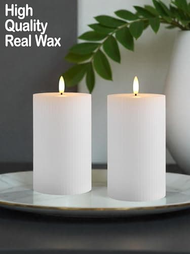Large Real Wax Flameless Candles - 3Pack White Ribbed(LED, Timer, Remote)