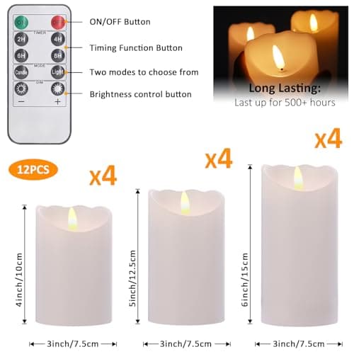 12-Pack Realistic Battery-operated Flickering White Pillar Candles with Timers