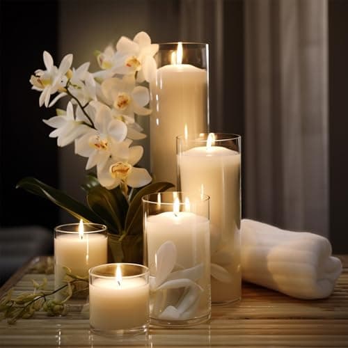 12 Pack White Pillar Candles in Glass Holders for Weddings and Decor by Sandraheer