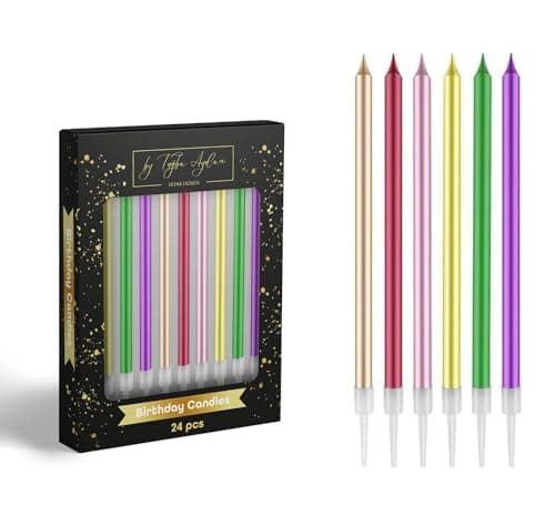 Birthday Candles - 24 Count Long Thin Rainbow Candles for Cake, Metallic Cake Candle for Birthday, Party