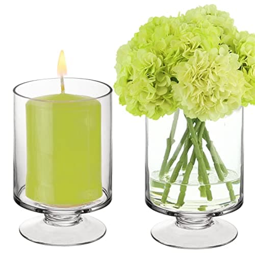 CYS EXCEL Glass Hurricane Pillar Candle Holders (2 PCS) | Short Stem Vases
