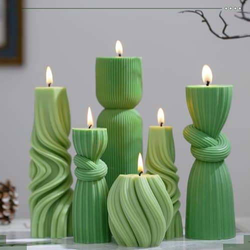 Modern Aesthetic Ribbed Soy Wax Pillar Candles Set (Green, 2.36-6.89 Inch)