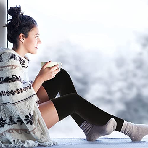 Bencailor 2 Pairs Women’s Fleece Leg Warmers - Over Knee Compression Socks (Black, Beige, Footless)