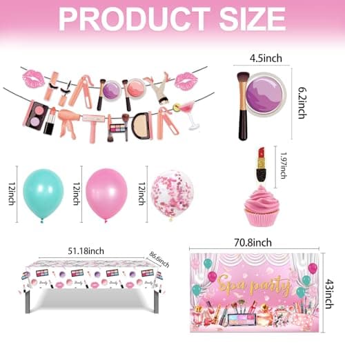 Spa Birthday Party Supplies for Girls: Cake Toppers, Balloons, Backdrop, Tablecloth, Banner