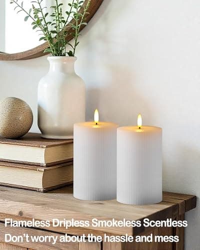 Large Real Wax Flameless Candles - 3Pack White Ribbed(LED, Timer, Remote)