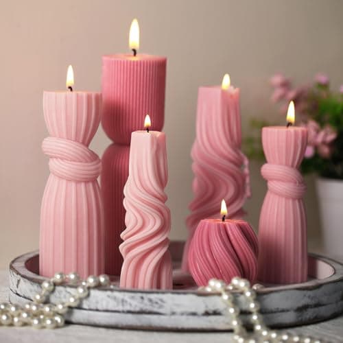 Modern Aesthetic Ribbed Soy Wax Pillar Candles Set (Green, 2.36-6.89 Inch)