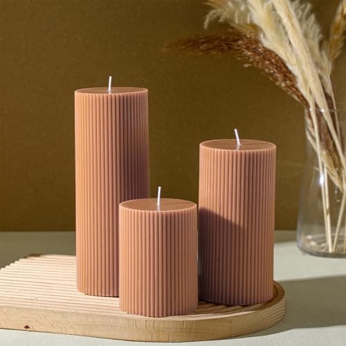 3-Pack Aesthetic Ribbed Soy Wax Candles, White, 3" to 8" High for Home Decor