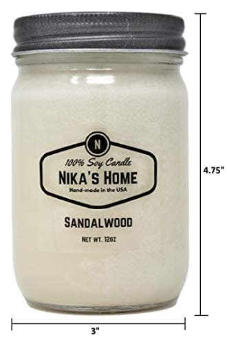 Nika's Handmade Sandalwood Soy Candle, 12oz Mason Jar, Long Burning 50+ Hours