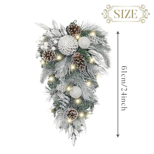 Stunning 24 Inch Silver White Pre-Lit Teardrop Swag with 20 LED Lights for Outdoor Xmas Decorating