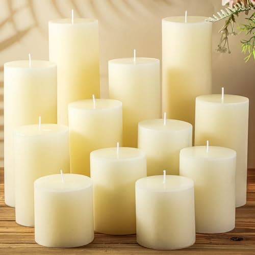 Shihanee Set of 12 Pillar Candles 3 Dripless Unscented Candles for Wedding Party Dinner Home (Ivory White)