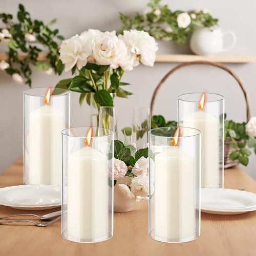 6-Piece White Pillar Candles with Hurricane Glass Cylinder Vases