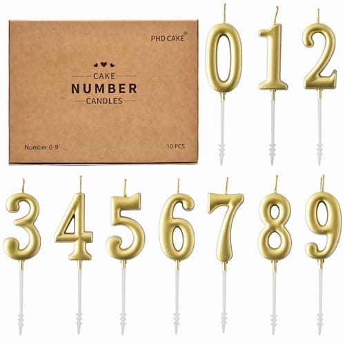 PHD Champagne Gold Number Birthday Candles 0-9 Glitter Cake Topper