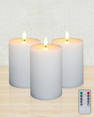 Large Real Wax Flameless Candles - 3Pack White Ribbed(LED, Timer, Remote)